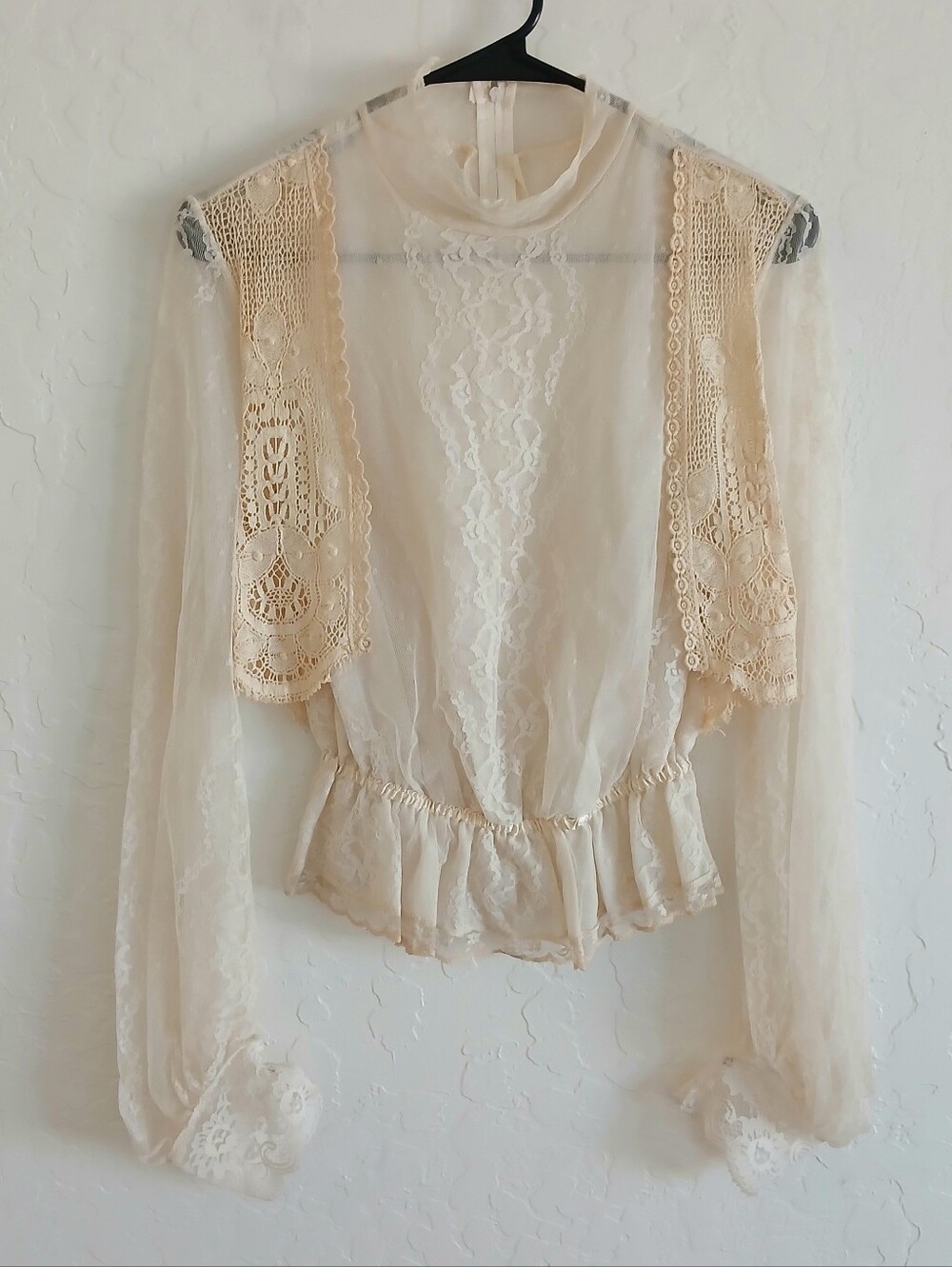 VINTAGE Victorian Lace Long Sleeve Top With Crochet Vest Women's XS Ivory Lined